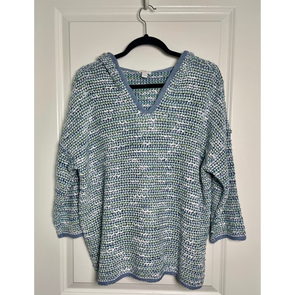 J.Jill Large Hooded Knit Sweater Blue Green White Textured Relaxed Fit Boho Cosy - Picture 4 of 8